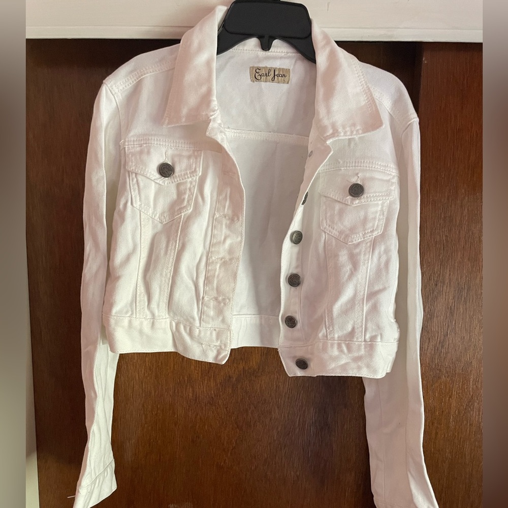 White denim jeans jacket by Earl Jean